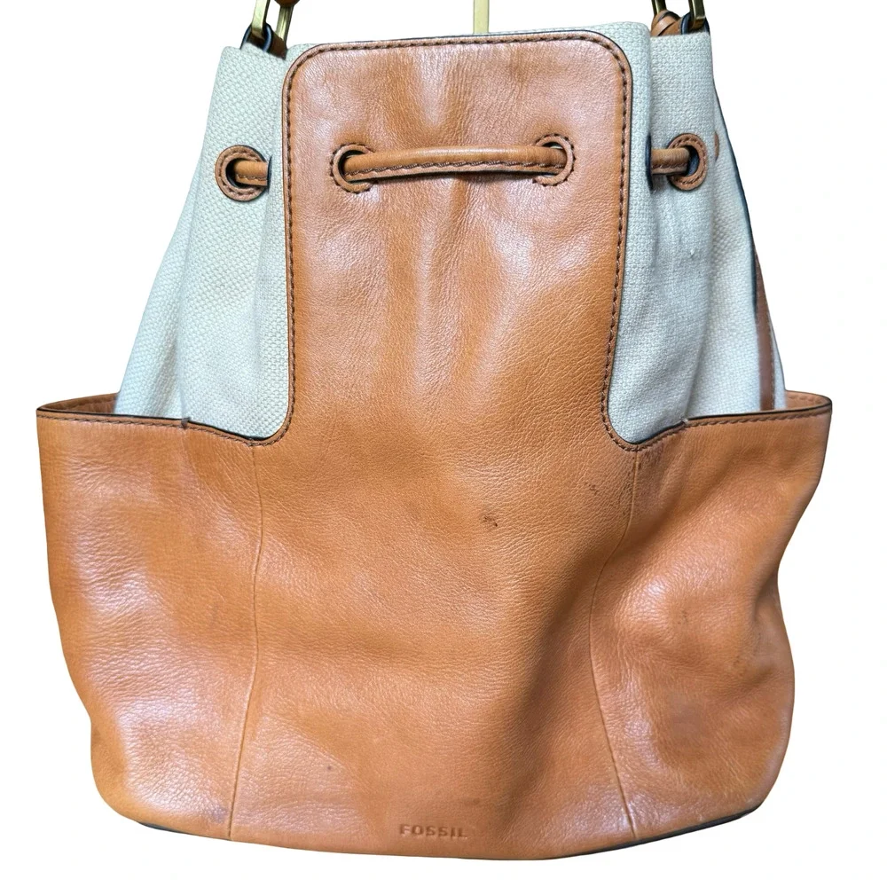 Fossil Leather & Canvas Tan Handbag Shoulder Bag Drawstring Bucket Purse 13x11x6